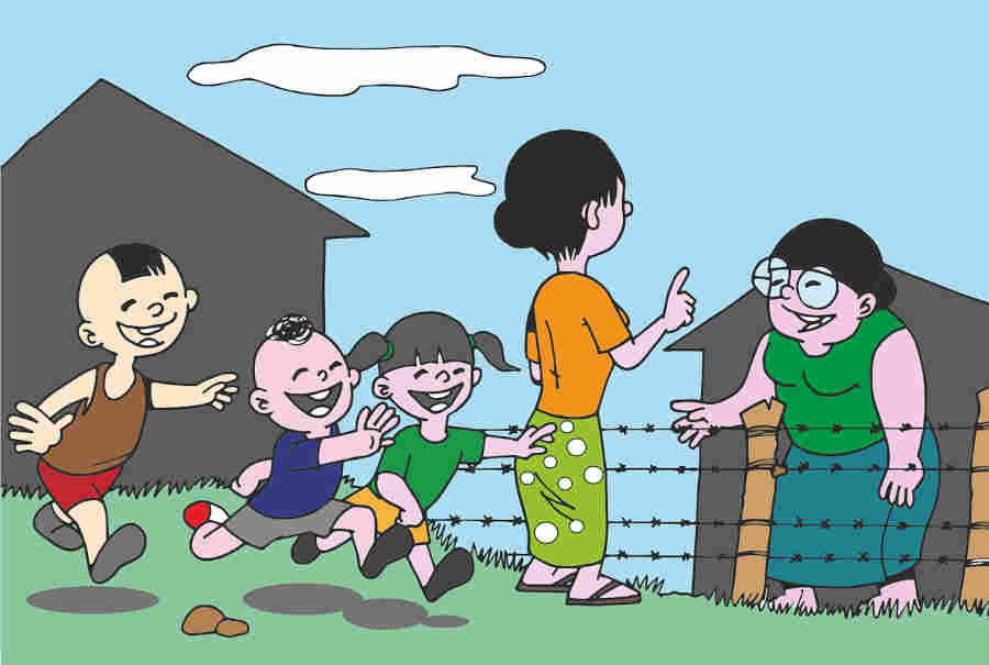 a-cartoon-image-of-neighbors-children-playing-and-women-talking-near-the-wire-fence
