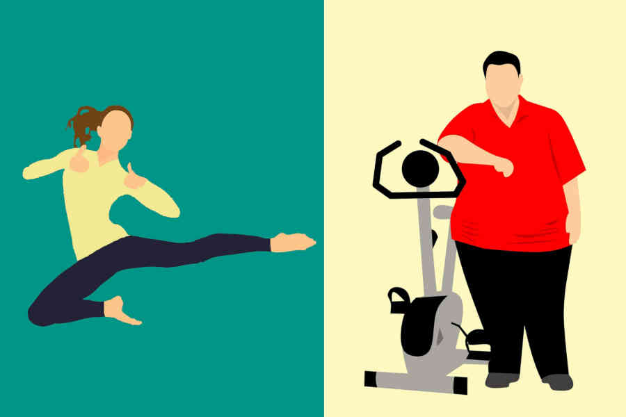 image-of-a-flying-girl-and-an-overweighted-man-standing-with-an-aerobic-cycle-representing-healthy-lifestyle.