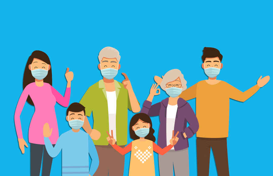 cartoon-picture-of-mask-weared-joint-family-members-standing-together-with-different-postures.