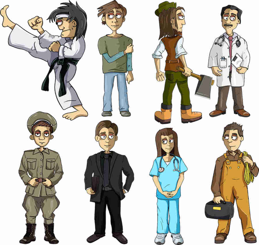 a-combained-cartoon-image-of-professionals-in-the-standing-postures-with-thier-respective-uniforms-on.