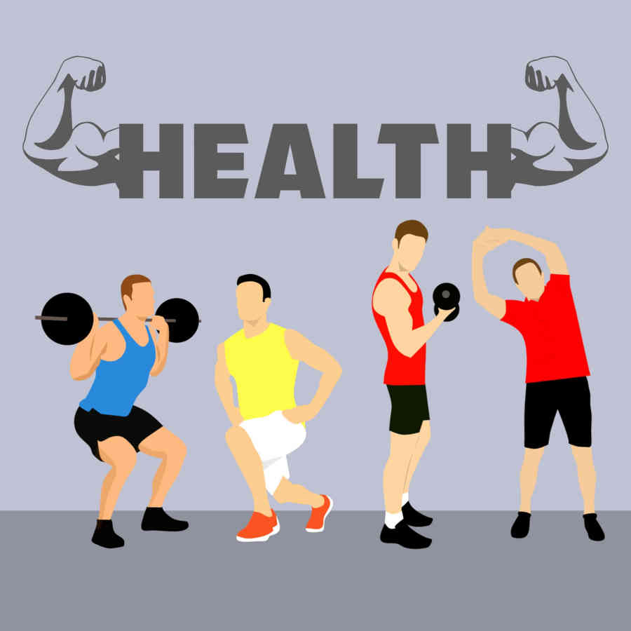 cartoon-image-of-men's-workout-having-health-as-headline-where-different-charectores-performing-different-excercises