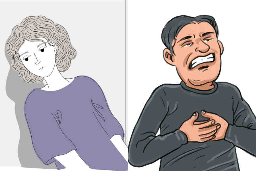 cartoon-image-of-a-ill-women-lying-and-a-man-holding-chest-in-his-hand