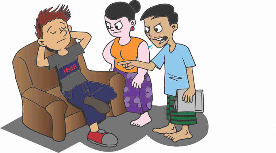 cartoon-image-of-an-indian-boy-lying-on-the-sofa-and-his-parents-is-angry-on-him-due-to-his-laziness