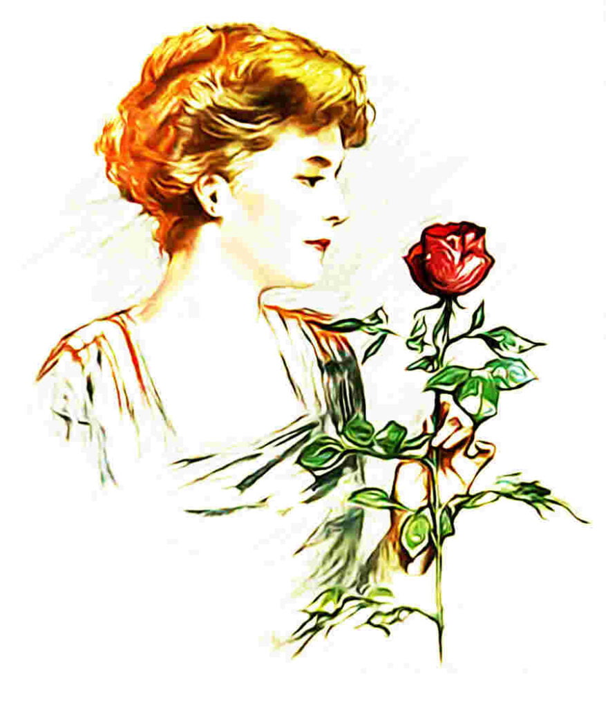 piture-of-a-women-closely-observing-and-perceving-a-rose-by-holding-in-hand.